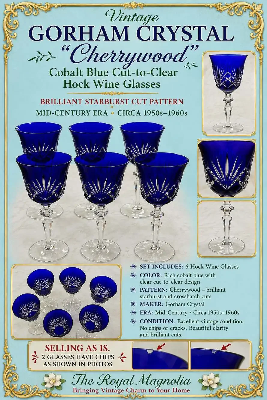 Vintage Gorham Crystal Cherrywood Cobalt Blue Cut-to-Clear Hock Wine Glasses Set